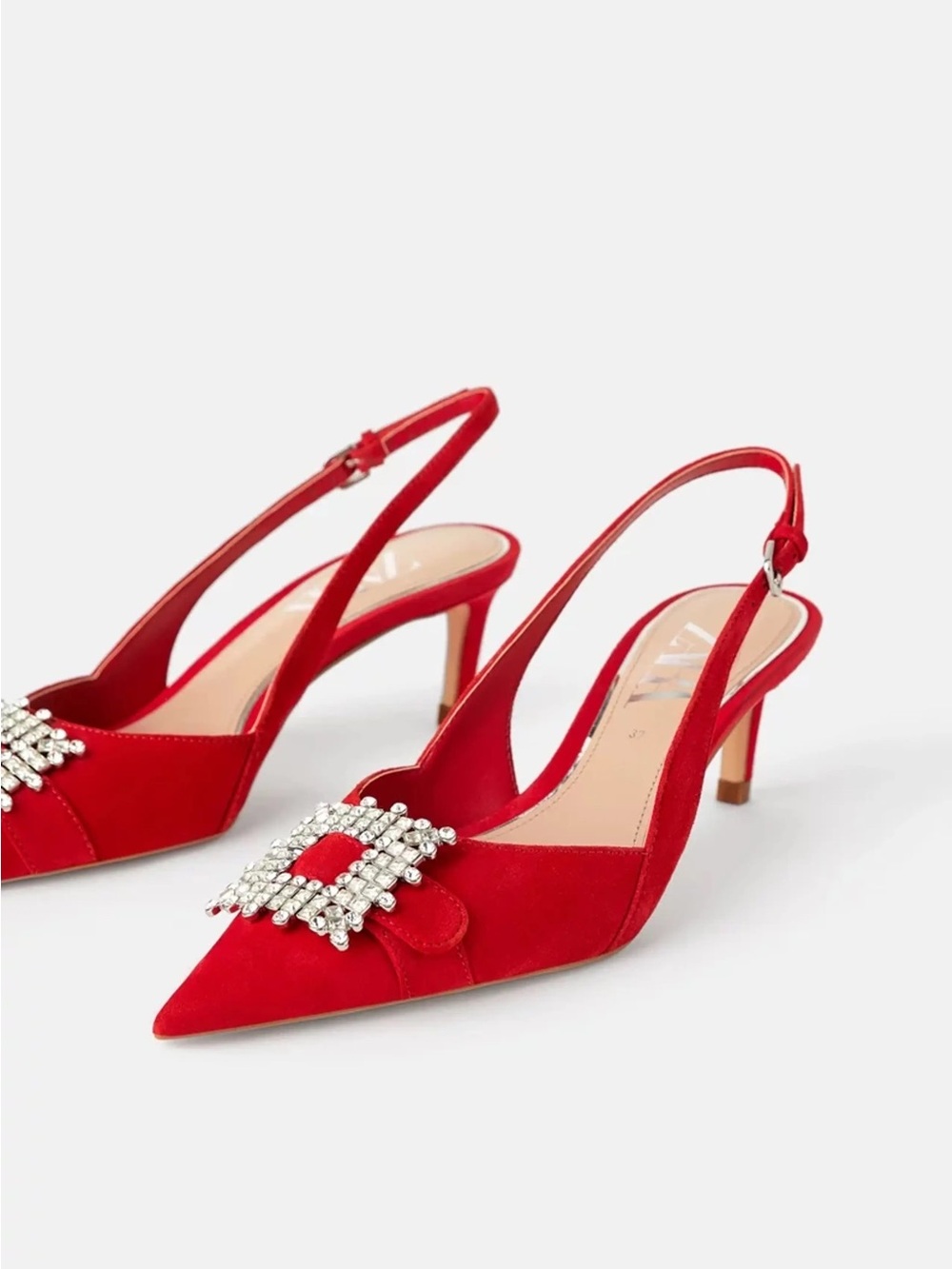Zara Red Suede Rhinestone Buckle Pointy Toe Sling Backs Sz 38